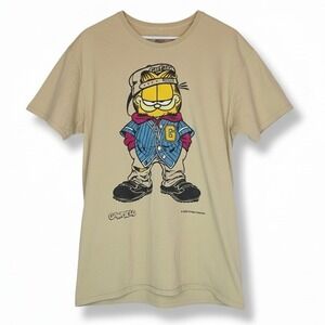 GARFIELD Men Graphic T-Shirt Sz Medium Yellow Cotton Double Sided Streetwear 90s